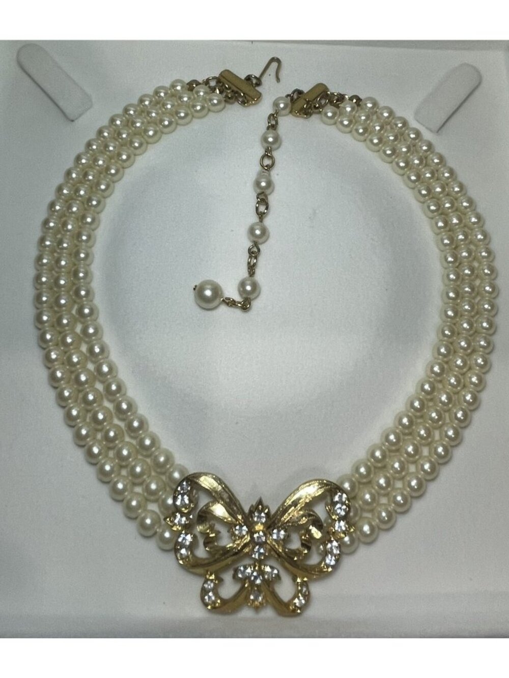 Pearl 3 Strand Faux Pearl Rhinestone Butterfly Choker Necklace Signed AVON
